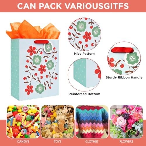 Jotique 4 Pcs Floral Gift Bags Assorted Sizes with Tissue for All Occasions