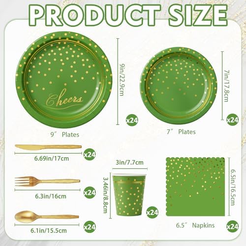 168Pcs Green and Gold Paper Plates and Napkins Party Supplies for 24 Guest