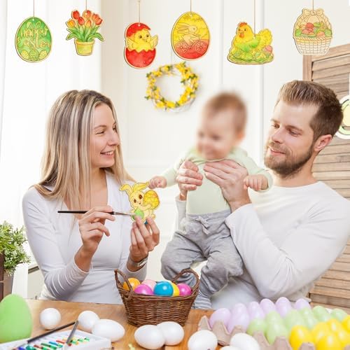 36PCS Wooden Easter Ornaments to Paint, 6 Styles DIY Blank Unfinished Wood Egg Cutouts Ornament for Crafts Hanging Decorations Happy Easter Hallow Egg Rabbit Bunny Butterfly Flower Hen
