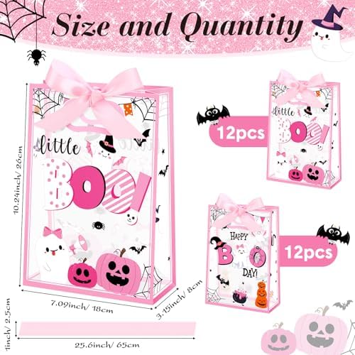 Capoda 24 Pcs Boo Pink Gift Bags Plastic Die Cut Handles with Ribbon