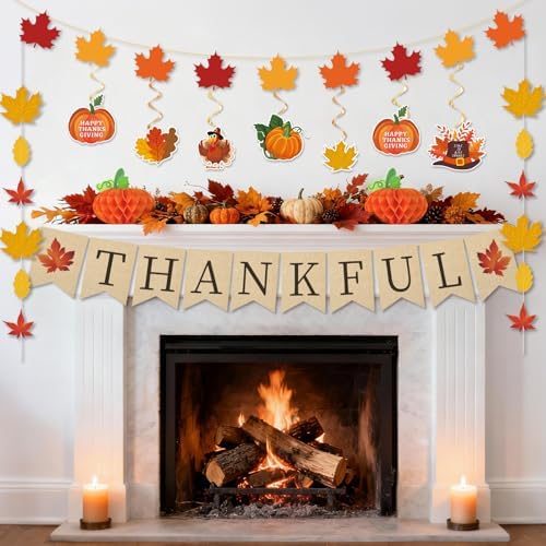 40Pcs Thanksgiving Decorations, Pre-Assembled Thanksgiving Banner & Garland, Hanging Swirls Decorations for Home Office Classroom Indoor Decor