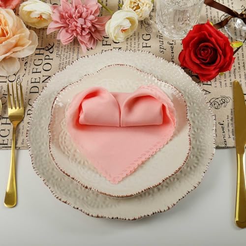Valentine's Day Cloth Napkins Set of 4, Pink Polyester Dinner Napkins Washable Reusable, Wave Lace Table Cloth Napkins for Christmas Thanksgiving Festival Holiday Dinner Table Decoration