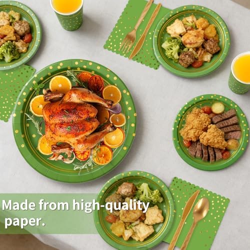 168Pcs Green and Gold Paper Plates and Napkins Party Supplies for 24 Guest
