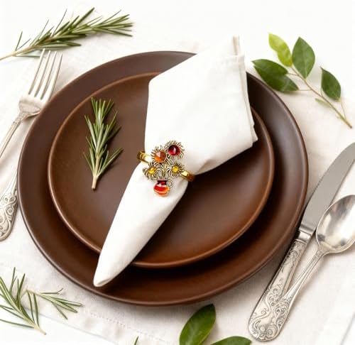 Alloy Enamel Floral Napkin Rings (8-Set Pack) - Plate-Matched Dinner Napkin Holder & Festive Tabletop Topper for Holiday Place Settings