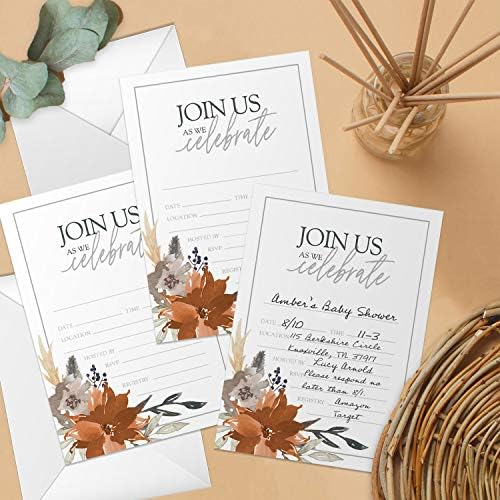 Canopy Street Indie Autumn Floral Fill In Invitations / 25 Fall Invites With White Envelopes / 5" x 7" Boho Gray And Orange Autumn Bridal Shower Invitation/Made In The USA