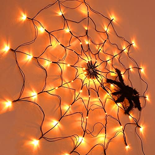 FUNPENY Halloween 80 LED Orange Spider Web Lights with Spider, Battery Powered 8 Modes Light up Cobweb Halloween Decorations for Indoor Ourdoor Garden Yard Home Patio (Orange)