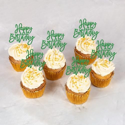 24 PCS Happy Birthday Cupcake Toppers Glitter Happy Birthday Cupcake Picks for Celebrating Anniversary Theme Party Cake Decorations Supplies Green