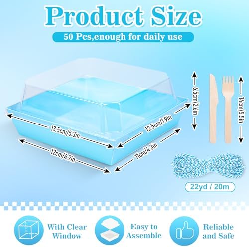 Whaline 50 Set Blue Small Charcuterie Boxes with Lids Forks Knives Summer Clear Mini Dessert Box Disposable Food Containers for Graduation Wedding Gift Giving Beach Party Sandwich Cookie Sushi Cake