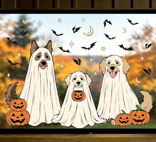 Halloween Window Clings, 3pcs Dog Ghost Funny Design Halloween Decorations Window Decals, Draped Fabric Ghost Puppy Static Cling Stickers for Glass Door Home Kids Room Office Classroom Decor