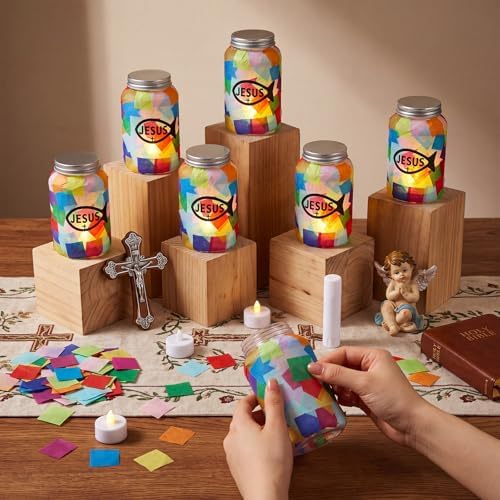 Qinyoung 12 Pcs Religion Faith Jesus Fish Crafts Mason Jars Tissue Paper Crafts with LED Candle Light DIY Suncatchers Decoration Make Your Own VBS Mason Jars Supply for Sunday School Projects Activity