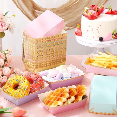 Blushtier 60 Pcs Pastel Color Paper Food Boat Trays Gold Edge