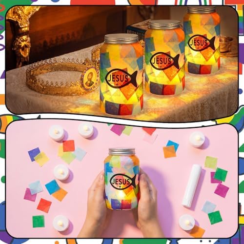 Qinyoung 12 Pcs Religion Faith Jesus Fish Crafts Mason Jars Tissue Paper Crafts with LED Candle Light DIY Suncatchers Decoration Make Your Own VBS Mason Jars Supply for Sunday School Projects Activity