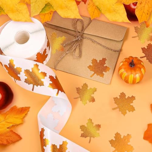 500Pcs Fall Thanksgiving Leaf Stickers Gold Maple Leaf Decals 1in Holographic Self Adhesive Label Stickers Roll for Autumn Party Cards Seal Envelopes Supplies Decorations