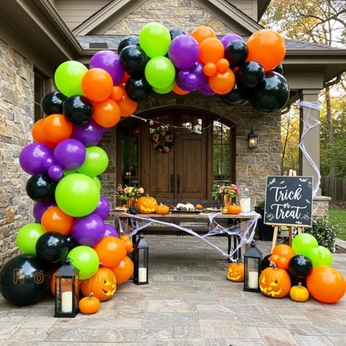 Halloween Balloon Arch, Orange, Black, Purple & Green, 138 Balloons