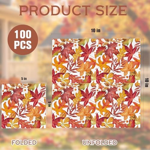 100 Pack Fall Napkins Disposable Folded 10 x 10 Inches Autumn Party Decorations, Maple Leaves Cocktail Napkins for Families Fall Thanksgiving Party Supplies Paper Towel Disposable Towel