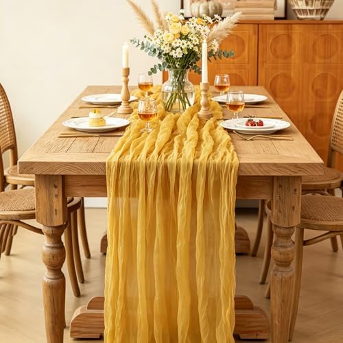 3Pcs Yellow Table Runner, 10FT Rustic Gauze Gold Table Runner 35*120inch Boho Table Runners for Wedding Bridal Shower Birthday Baby Shower Table Centerpiece Decorations