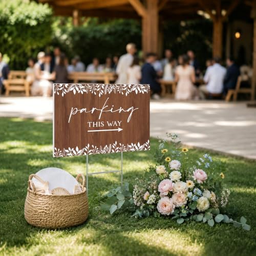 8 Pcs 17 × 8.5" Wedding This Way Directional Parking Signs Road with Stakes Large Double Sided Direction Printed Ceremony Reception Lawn Yard Arrow Sign Exquisite Plastic Rainproof (Rustic)