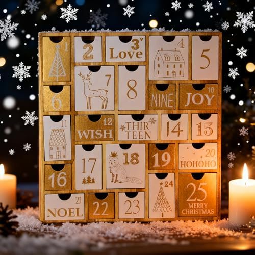 Juegoal Advent Calendar with 25 Drawers Countdown to Christmas, Refillable Wooden Advent Xmas Gift for Kids, 12 Inches Tall