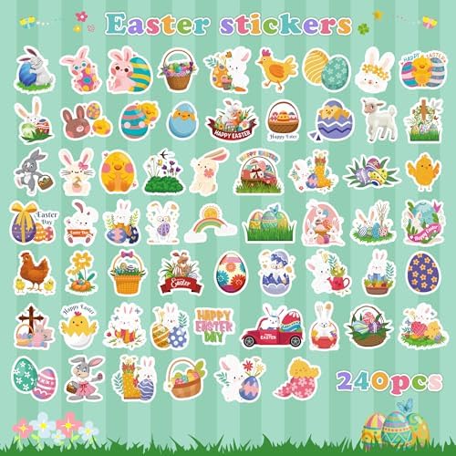 OHOME Easter Stickers for Kids - 240 PCS Easter Basket Stuffers for Boys Girls Teens Adults | Vinyl Egg Bunny Gifts Decorations Toys - Kids Easter Games Crafts Activities Party Favors