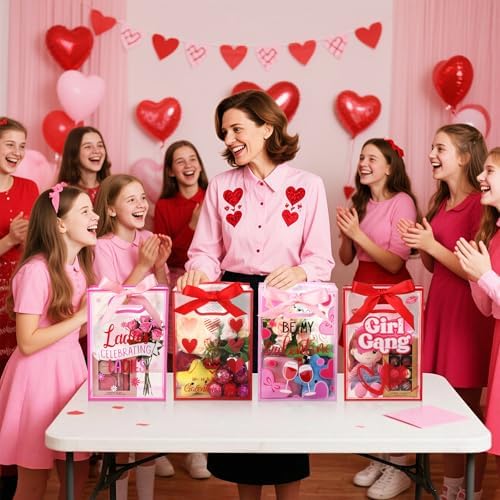 Capoda 24 Pack Galentine's Day Gift Bags with Handles - Large Pink and Red Valentine Party Favor Bags - Reusable Plastic Goody Bag for Girls Night & Ladies Celebration