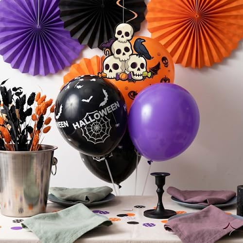 36 Pcs Halloween Party Decorations Indoor, Orange Purple Black Happy Halloween Banner Paper Fans Swirls and Printed Balloons, Spooky Room Wall Decor Supplies