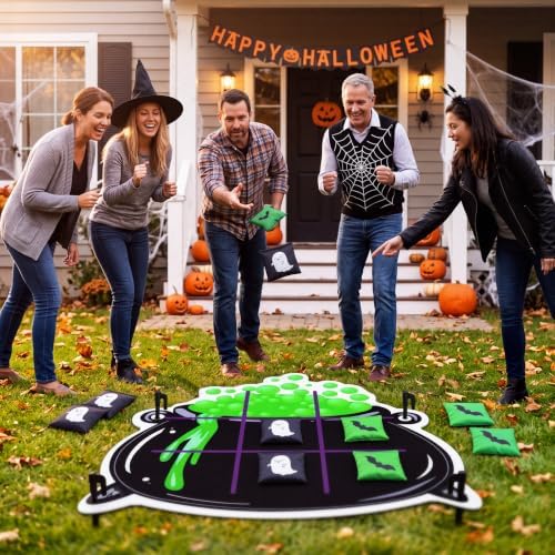 Hollowfly Halloween Tic Tac Toe Bean Bag Game Bubbling Cauldron Party Favors Bean Pillow Cushion Family Night Halloween Activities 1 Pot Felt Mat 10 Bats and Ghosts Bags for Outdoor Yard Background