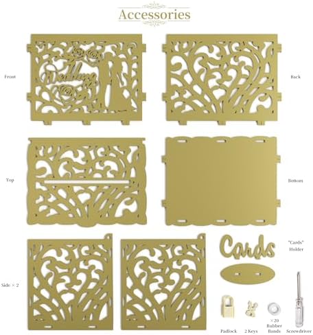 Jolik Rustic Wedding Card Box with Sign, Locking Gift Collection Money Holder for Wedding Reception & Party Decor, Gift Card & Envelope Storage, Anniversary & Birthday Party Decoration (Gold)
