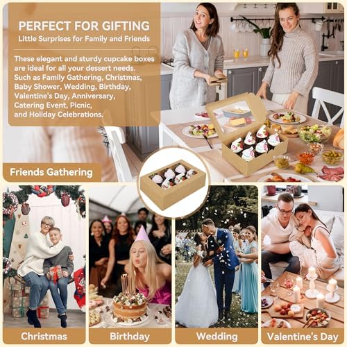 50-Set Cupcake Boxes Bulk with Clear Display Window Hold 6 Standard Cupcakes, Disposable Food Grade Brown Cupcake Carrier Cupcake Container, Perfect for Cupcakes Muffins Cookies Pastries