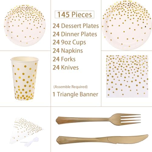 White and Gold Party Supplies 145PCS Disposable Party Dinnerware Paper Plates, Napkins, Knives, Forks, Cups, Banner, for New Year Eve 2026, Bridal Shower, Wedding, Birthday, Serves 24