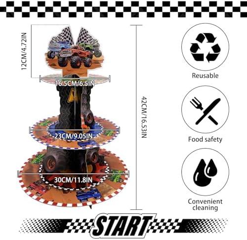 Race Car Theme Cupcake Stand - 3 Tier Cupcake Tower Decorations Dessert Holder for Table Display Truck Party Decor