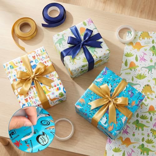 Bafeil Dinosaur Wrapping Paper Birthday Boy Roll Set - 3 Rolls