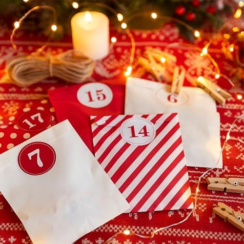 24 Pieces Advent Calendar Bags DIY Advent Calendars to Fill Christmas Kraft Treat Bags with 1-24 Countdown Numbers Stickers for Christmas Advent Calendar Countdown Decoration