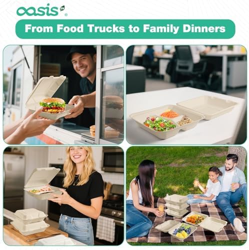 8x8 Inch 68 Pack 3-Compartment Clamshell Take Out Food Containers, Compostable Disposable Paper To Go Boxes with Lids, Heavy Duty Sugarcane Bagasse Containers for Meals & Sides, Natural
