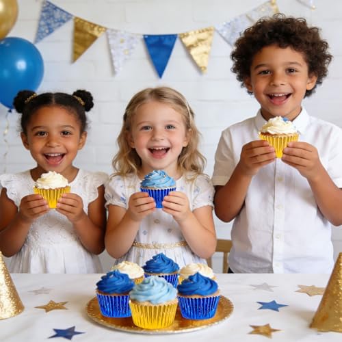 JarThenaAMCS 200Pcs Graduation Foil Cupcake Liners Baking Cups Gold Blue 2026 Congrats Grad Foil Metallic Cupcake Wrappers Muffin Liners for College High School Party Supplies Table Decor