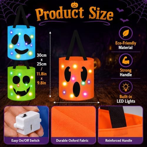 Sadnyy 3 Pcs Halloween Trick or Treat Bag Light Up,Orange,Green, Blue