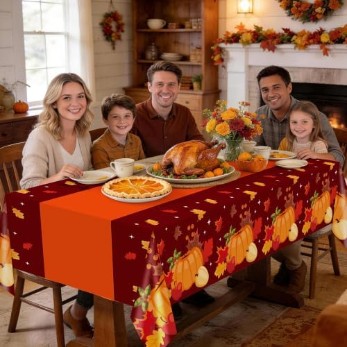 Childom Thanksgiving Tablecloth,3 Pack Disposable Plastic Tablecloth 54x108 Inch Thanksgiving Decorations,Pumpkin Maple Leaf Party Table Cover for Home Table Decor,Birthday Party Supplies