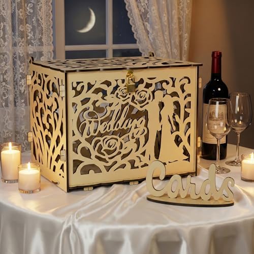 Jolik Rustic Wedding Card Box with Sign, Locking Gift Collection Money Holder for Wedding Reception & Party Decor, Gift Card & Envelope Storage, Anniversary & Birthday Party Decoration (Yellow)