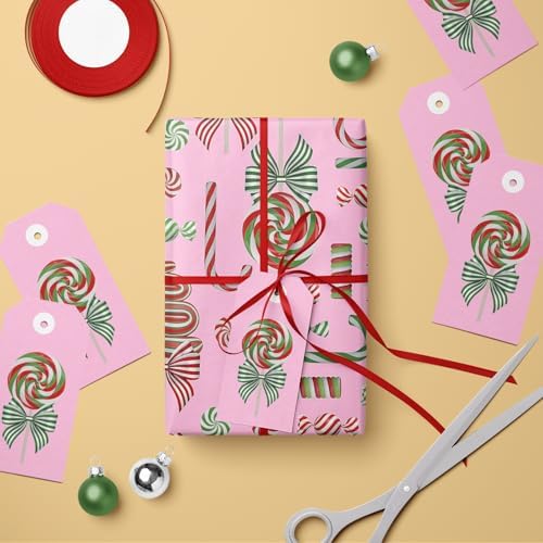 LeZakaa Christmas Candy Wrapping Paper Roll for Girls Kids, Pink Sweet Candy Canes with Peppermints Lollipops Design for Xmas Sweet-Themed Presents, Mini Roll 17in x 16.4 Ft