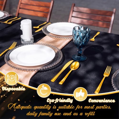 Minatee 180 Pcs Black and Gold Party Plastic Silverware Heavy Duty Cutlery Sets Disposable Utensils for Holiday Birthday Themed Party Supplies, 60 of Each Forks Knives Spoons