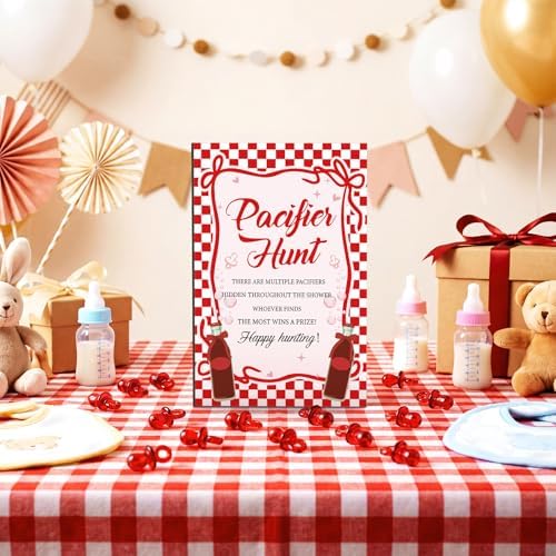 Thyle 51 Pcs Shes Ready to Pop Baby Shower Decorations Pacifier Hunt Shes About to Pop Baby Shower Games Include Hunt Sign and 50 Acrylic Pacifiers for Gender Reveal Party Decoration