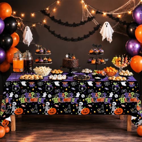 2 Pack Halloween Tablecloth, 54 x 108 Inch Disposable Plastic Table Cover, Purple Halloween Party Decorations for Halloween Decor Party Supplies