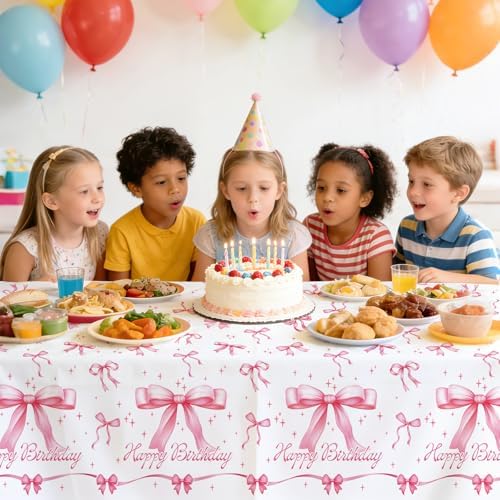 Gatherfun Pink Bow-Themed Party Supplies Set for Women: Happy Birthday & Bachelorette Decorations Combo - Includes 2 Disposable Tablecloths (54 x 108 inch) for Birthday & Tea Party Decorations