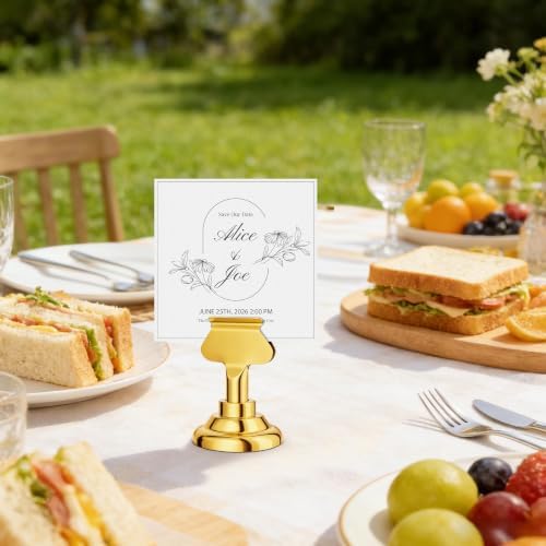 Urban Deco 16 Pieces Table Card Holder Place Card Holders 1.7 inches Gold Steel Card Holders for Photos, Food Signs, Memo Notes, Weddings, Restaurants, Birthdays. (Gold)
