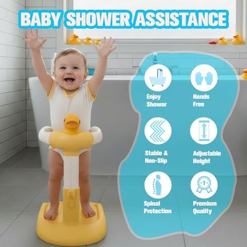 Baby Shower Stand for 𝐁𝐚𝐛𝐢𝐞𝐬 𝟔 𝐌𝐨𝐧𝐭𝐡𝐬 & 𝐔𝐩 - Safety & Non-Slip for Baby Standing Support, Adjustable Heigh with Babe Bath Stand, Toddler Shower Support with 55 Lbs Capacity