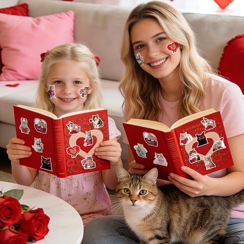 H1vojoxo Valentine’s Day Sticker Rolls - 1000PCS Valentine’s Day Holiday Cat Stickers for Kids Classroom 16 Design Valentines Cute Cat Sticker for Craft Valentines Funny Cats Stickers for Envelope
