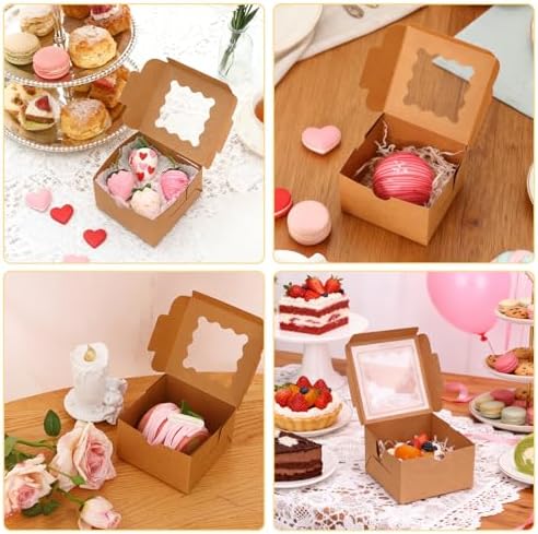 Moretoes 24pcs Small Cookie Boxes with Window, 4x4x2.5In Brown Bakery Boxes
