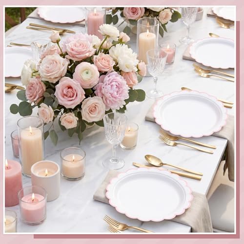 NatNarr 30 Pk Pink Paper Plates 7" Scalloped Pink White Dessert Cake Plates