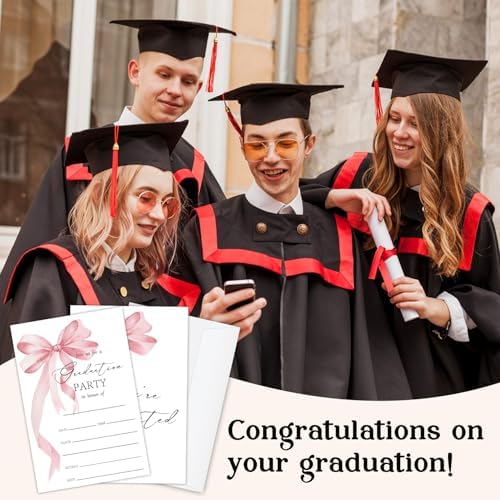 Pink bow Graduation Invitations 2026 with Envelopes - 20 Pack Class of 2026 Graduation Party Invitations, 4x6 Inch Fill-in Graduation Announcements for High School or College - A12