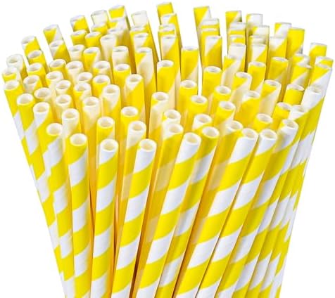 7.75" Yellow White Striped Paper Drinking Straws, Lemonade Straws 100 ct
