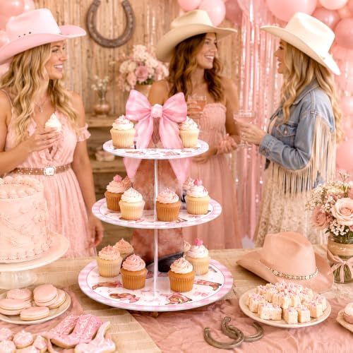 3 Tier Western Cowgirl Cupcake Stand Decoration Pink Bow Cupcake Tower Cowgirl Boots Hat Table Decoration Dessert Holder Table Display for Western Birthday Bachelorette Baby Shower Supplies